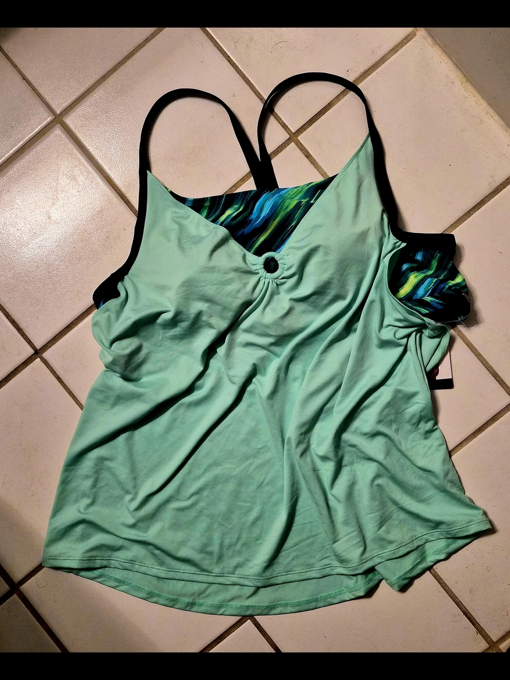 3 Pc Mint Green Women's Swim Tank Set with Blue-Green Patterned Accents